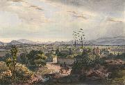 unknow artist Mexico, visto desde el Arsobisbado de Tacubaya. Mexico City seen from Tacubaya. Hand-colored lithograph highlighted with gum arabic oil painting on canvas